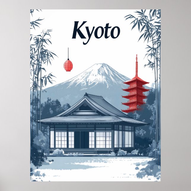 Póster Kioto: Templo japonés, pagoda y montaña (Frente)