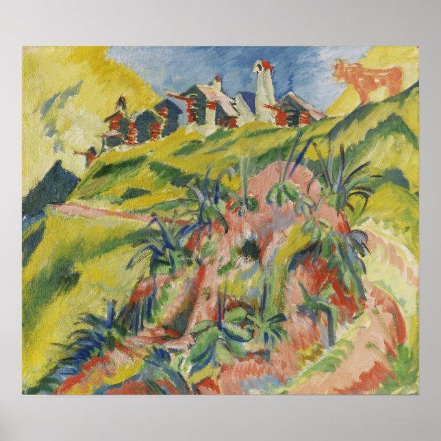 Póster Kirchner - Bergdorf con vaca rosa 1919 (Frente)