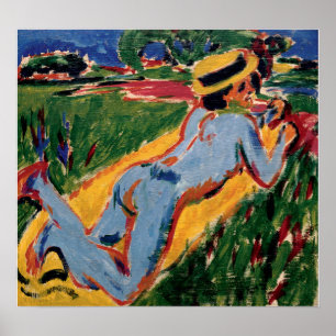 Póster Kirchner - Figura azul tumbada con sombrero de paj