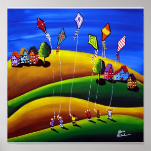 Póster Kite Flyers Folk Art Whimsical Canvas Print