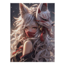 Kitsune Fox Mask Samurai Chica japonés