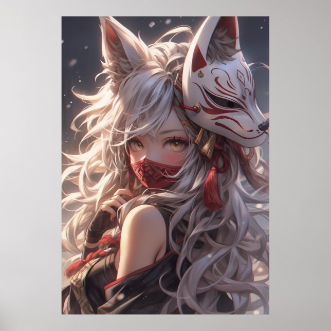 Póster Kitsune Fox Mask Samurai Chica japonés (Frente)