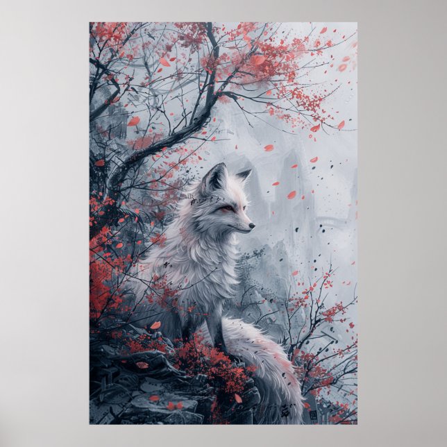Póster  Kitsune Spirit – Japanese Fox in Blossom Forest (Frente)