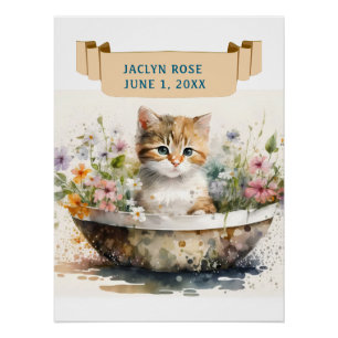 Póster KITTEN ADORABLE EN BOWL CON NOMBRE DE NIÑOS Cumple