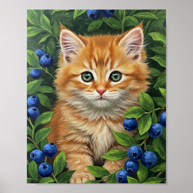Póster Kitten & Blueberries | Oil Painting Art (Frente)