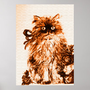 Póster KITTEN CON ROSAS, marrón y blanco