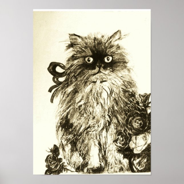 Póster KITTEN CON ROSAS, marrón y blanco (Frente)