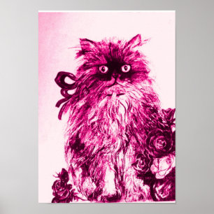 Póster KITTEN CON ROSAS, Rosa Fuchsia Blanca
