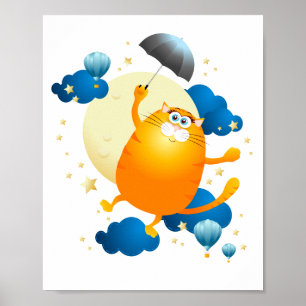 Póster Kitten lindo volando con paraguas