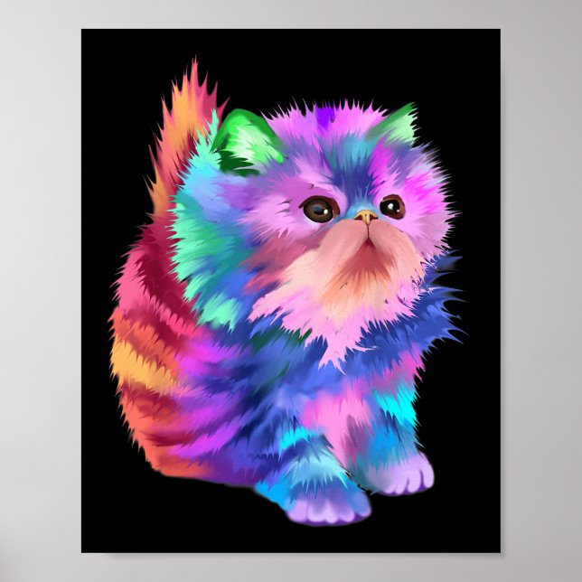 Póster Kitten Rave Psicodélico Arcoíris Divertido Lindo C (Frente)