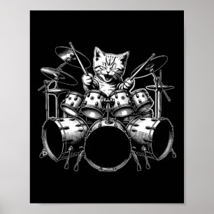 Póster Kitten Rock Band Funny Gato Drummer Kitty Jugando