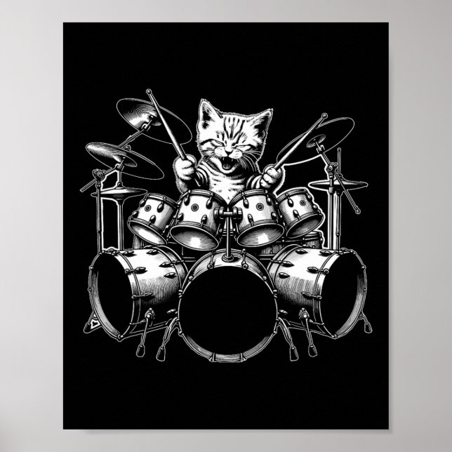 Póster Kitten Rock Band Funny Gato Drummer Kitty Jugando  (Frente)