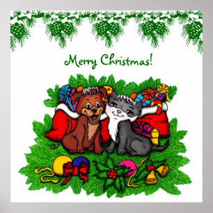 Póster Kitty and Puppy , Happy XMas