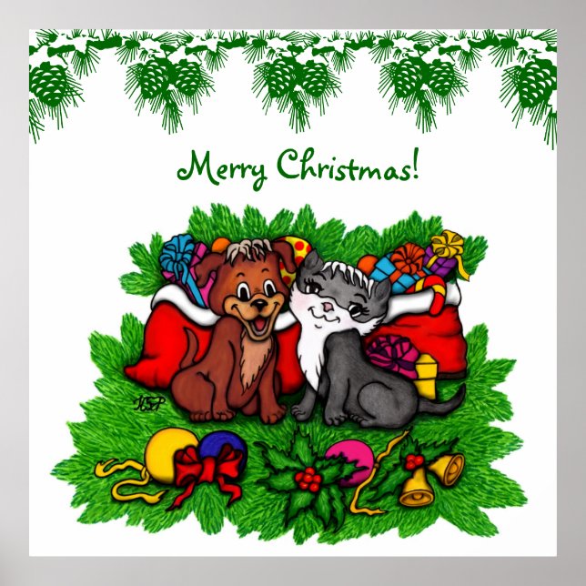 Póster Kitty and Puppy , Happy XMas (Frente)