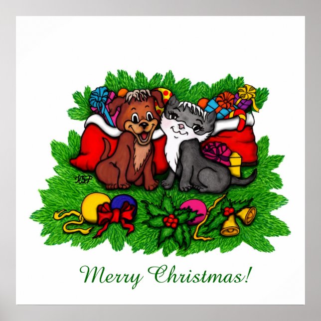 Póster Kitty and Puppy , Happy XMas (Frente)