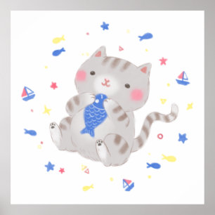 Póster Kitty lindo con pescado en Ilustracion de verano