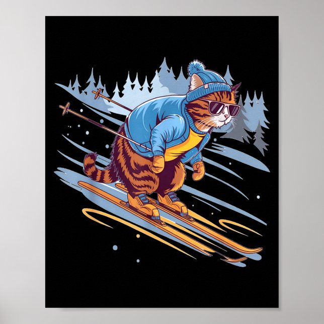 Póster Kitty skiing down a snowy slope funny  (Frente)