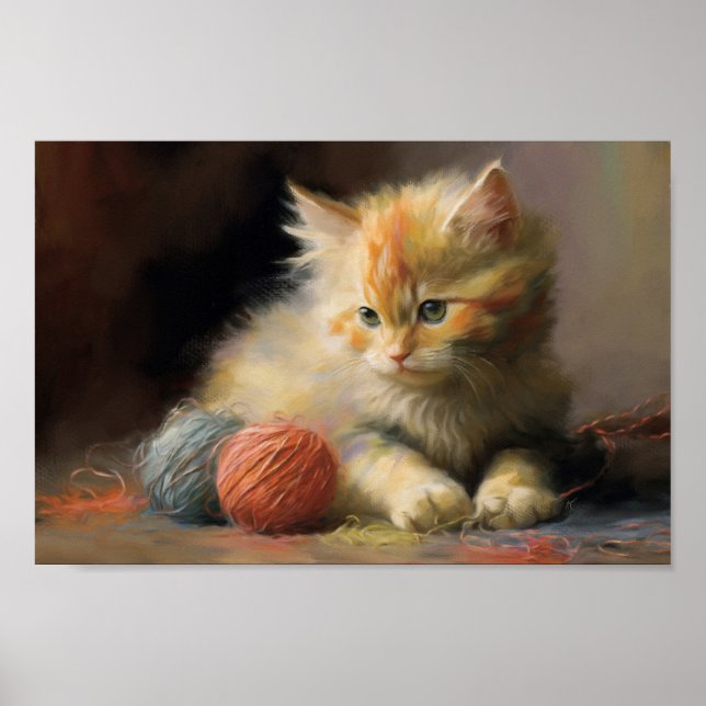 Póster Knit Sucede Naranja Kitten Jugando Con Yarn (Frente)
