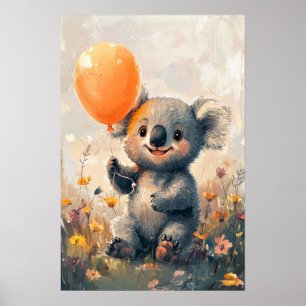 Póster Koala caprichoso con globo Naranja en Meadow Digi