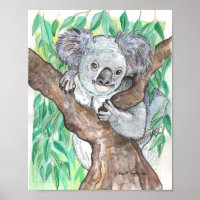 Koala en pintura de árboles de eucalipto