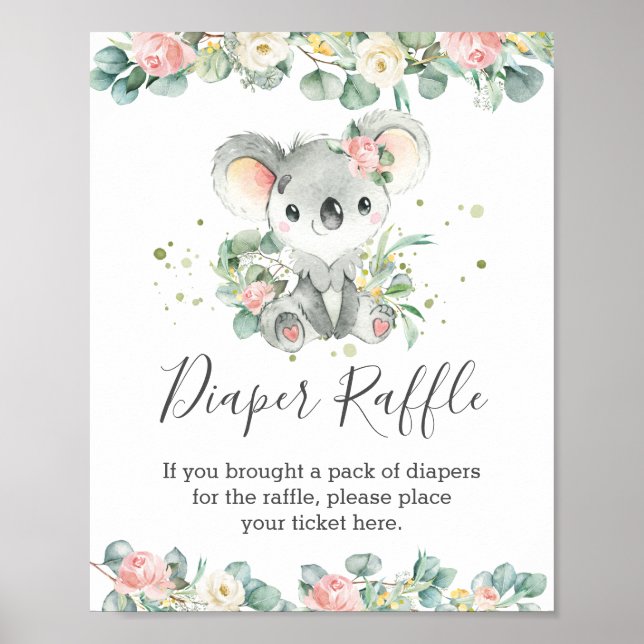 Póster Koala Floral Greenery Baby Shower Diaper Raffle (Frente)
