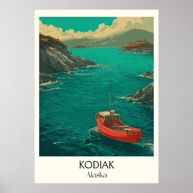 Póster Kodiak Alaska Coastal Town Red Boat (Frente)