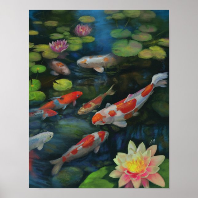 Póster Koi Pescado Natación Lotus Flor Pond Zen Pintura (Frente)