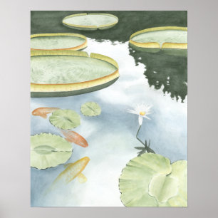 Póster Koi Pond Reflection with Fish and Lilies