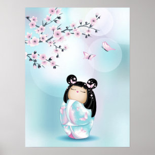 Póster Kokeshi Doll Cherry Blossom Turquoise Girls 