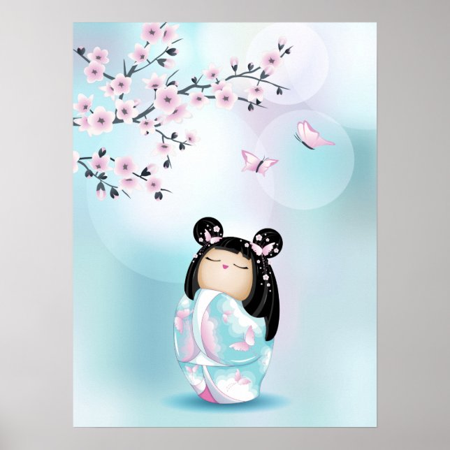 Póster Kokeshi Doll Cherry Blossom Turquoise Girls  (Frente)