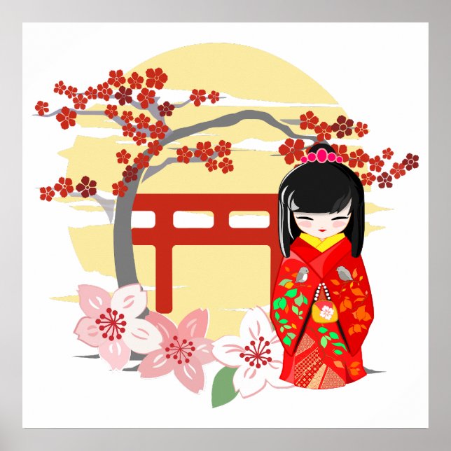 Póster Kokeshi Muñeca Roja Kimono (Frente)