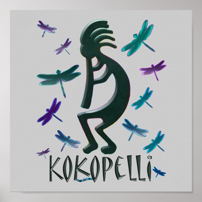 Póster Kokopelli con libagonflies (Frente)