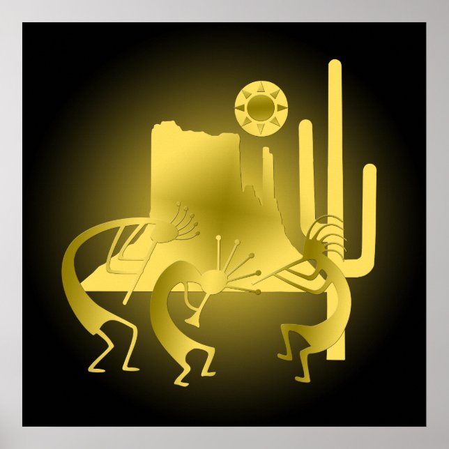 Póster Kokopelli del suroeste en negro y oro (Frente)