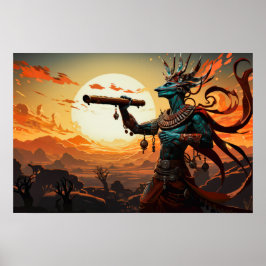 Póster Kokopelli jugando flauta en colinas rocosas del de