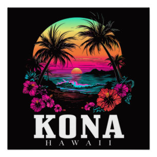 Póster Kona Hawái Flores de Hibisco Hawaiano Surfista
