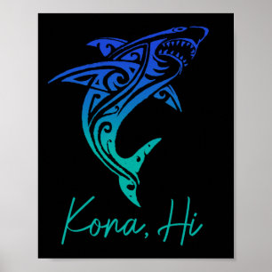 Póster Kona Hawái Tiburón Buceo Pesca Surfing Surfista Ha