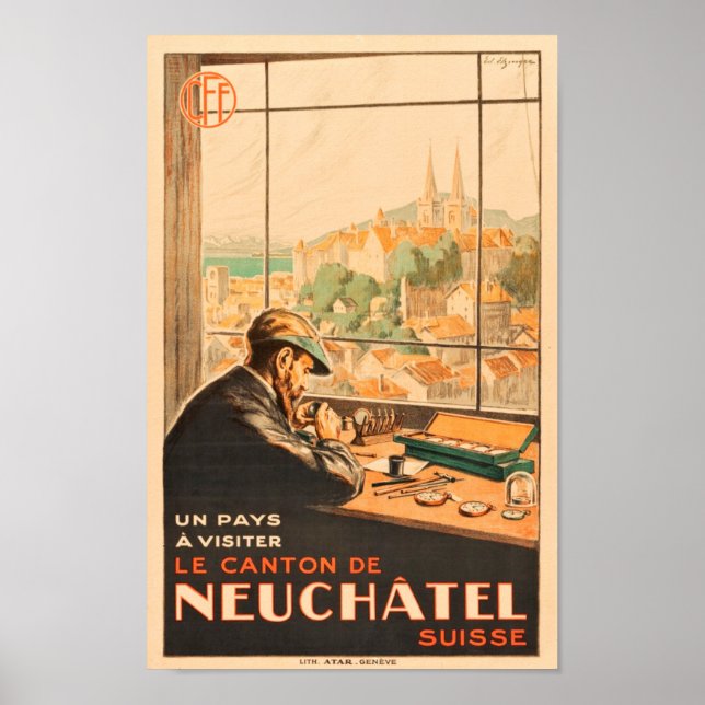 Póster Kraftsmen en Neuchatel, Suiza, viaje vintage (Frente)