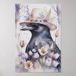 Póster Krähe mit Hut im Frühling mit Blumen Watercolor