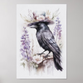 Póster Krähe Rabe Crow mit Hut und Blumen Watercolor