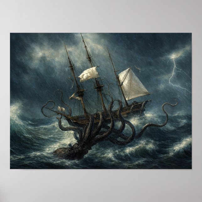 Póster Kraken Atacando Barco Steampunk (Frente)