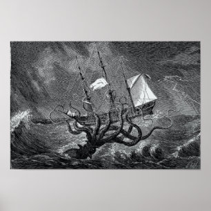Póster Kraken Atacking Ship vintage