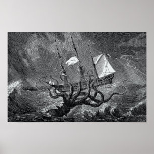Póster Kraken Atacking Ship vintage