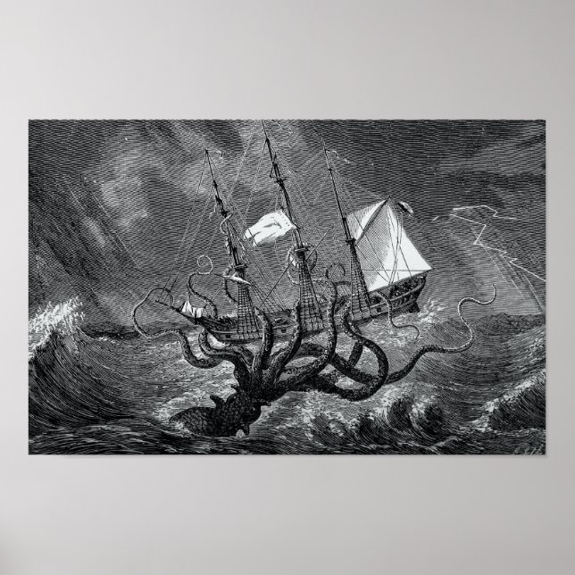 Póster Kraken Atacking Ship vintage (Frente)