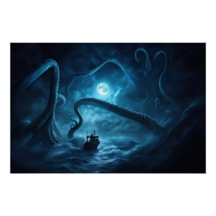 Póster Kraken Sea Monster Pescador Bote Nautical