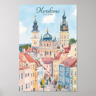 Póster Krakow Polonia Gouache Paint Ilustracion Viaje