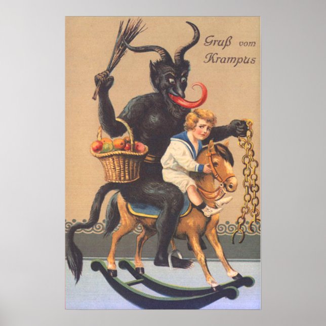 Póster Krampus montando un caballito con un niño (Frente)