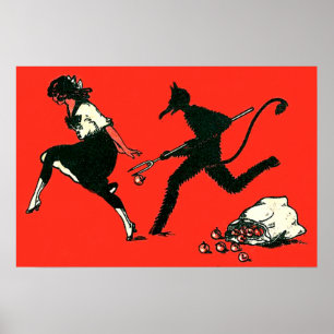 Póster Krampus Rojo Persiguiendo a Mujer Manzanas