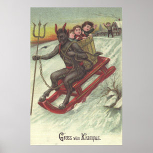 Póster Krampus secuestrando niños con la horca del trineo