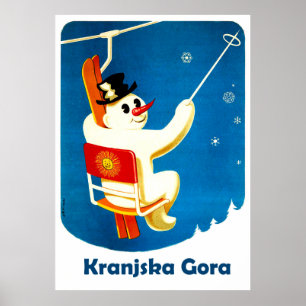Póster Kranjska Gora, Eslovenia, Muñeco de nieve en telef
