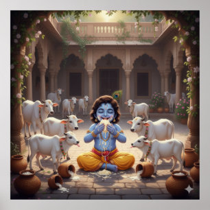 Póster Krishna Bala Brillante Juguetón Comiendo Mantequil